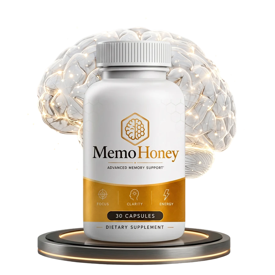 MemoHoney bottle, 30 capsules, shown against an illustrated brain