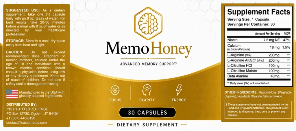 MemoHoney Supplement Facts label showing every ingredient and its exact dose